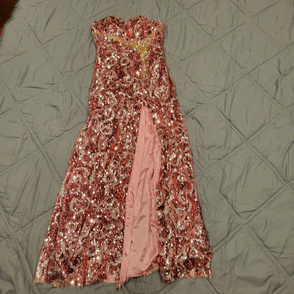 Vintage Precious Formals Strapless Sequin Gown With Slit Womens Size 8 Pink &...